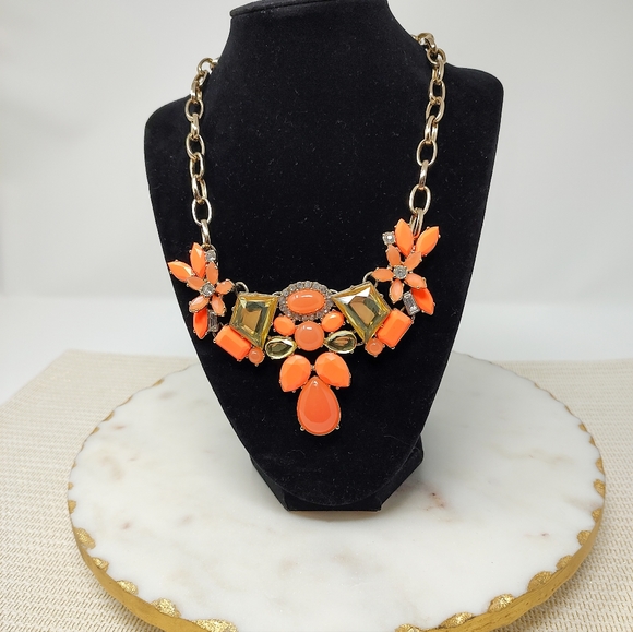 J. Crew neon coral orange rhinestone and brassy-gold chain mixed media necklace - Picture 8 of 10